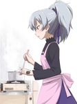  cooking darker_than_black flat_chest hair_ribbon ladle ponytail ribbon silver_hair solo standing yin youkan 