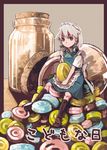  blue_eyes bonnet braid candy food izayoi_sakuya jar maid silver_hair solo takishima_asaka touhou twin_braids 