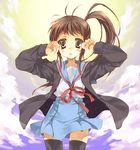  blue_sailor_collar brown_eyes brown_hair cardigan cloud genderswap genderswap_(mtf) kita_high_school_uniform kyonko long_hair long_sleeves lowres ponytail sailor_collar school_uniform serafuku shima_(6land) side_ponytail sky solo suzumiya_haruhi_no_yuuutsu thighhighs zettai_ryouiki 