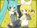  blonde_hair detached_sleeves green_hair hair_ornament hair_ribbon hairclip hatsune_miku kagamine_rin long_hair multiple_girls ribbon short_hair smile twintails vocaloid yusorate 