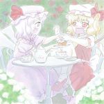  bad_id bad_pixiv_id cake cup feeding flandre_scarlet food fork hat lowres multiple_girls oisin open_mouth pastry plate red_eyes remilia_scarlet siblings sisters table teacup teapot touhou wings 
