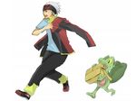  bag black_eyes dressing gen_3_pokemon headband jacket male_focus open_mouth pokemon pokemon_(creature) pokemon_(game) pokemon_rse running shirt shoes shoulder_bag simple_background sneakers spiked_hair t-shirt taoru_(t_kiji) treecko white_background white_hair yuuki_(pokemon) 