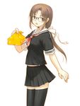  bandaid bandaid_on_finger bandaid_on_hand black_legwear black_serafuku black_skirt brown_eyes brown_hair cowboy_shot dasoku_sentarou glasses hair_ribbon holding long_hair low_ponytail neckerchief obentou open_mouth original pleated_skirt ponytail ribbon school_uniform serafuku short_sleeves simple_background skirt solo thighhighs white_background white_ribbon zettai_ryouiki 