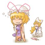  animal_ears bad_id bad_pixiv_id blonde_hair chibi closed_umbrella fox_tail hat hat_ribbon long_sleeves lowres multiple_girls naked_tabard petako pillow_hat ribbon short_hair sleeping sleepwalking tabard tail touhou umbrella white_background wide_sleeves yakumo_ran yakumo_yukari 