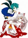  alternate_costume antennae bad_id bad_pixiv_id bloomers bow dress fujiwara_no_mokou green_eyes green_hair hair_bow long_hair multiple_girls natsume_(menthol) open_mouth red_eyes ribbon short_hair tears touhou underwear white_bloomers white_hair wriggle_nightbug 