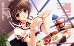  brown_eyes brown_hair cake copyright_request food fruit highres pastry ribbon solo strawberry suzuhira_hiro watch wristwatch 