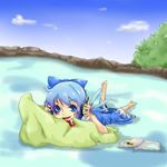  anbo bad_id bad_pixiv_id blue_eyes blue_hair book cirno headphones pillow ribbon short_hair solo touhou 