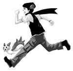  artist_request diamond_(pokemon) gen_4_pokemon greyscale hat kouki_(pokemon) lowres male_focus monochrome pachirisu pokemon pokemon_(creature) pokemon_(game) pokemon_dppt running scarf simple_background white_background 