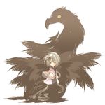  animal beak bird blush brown_feathers capelet expressionless full_body fusion looking_at_viewer nigo parted_lips pixiv_fantasia short_hair silver_hair solo standing surreal yellow_eyes 