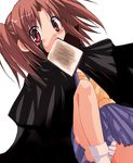  artist_request blue_skirt brown_hair cape food food_in_mouth lowres mouth_hold panties pantyshot red_eyes school_uniform skirt solo striped striped_panties toast toast_in_mouth tsukihime twintails underwear yumizuka_satsuki 