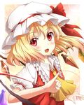  arm_up ascot blonde_hair blush fang flandre_scarlet hat hat_ribbon mount_whip open_mouth red_eyes red_string ribbon side_ponytail smile solo sparkle string touhou upper_body wings 