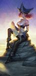  bare_shoulders breasts detached_sleeves hat high_heels katie_de_sousa league_of_legends long_hair map medium_breasts midriff navel pirate_hat red_hair sarah_fortune shoes sitting solo 