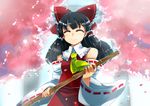  ascot bamboo_broom black_hair bow broom cherry_blossoms closed_eyes detached_sleeves hair_bow hair_tubes hakurei_reimu sawamura_hikaru solo touhou 