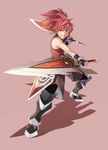  armor bad_id bad_pixiv_id bare_shoulders dual_wielding elsword elsword_(character) fullluv highres holding male_focus ponytail red_eyes red_hair sheath_knight_(elsword) simple_background solo sword weapon 
