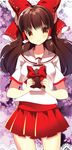  alternate_costume bad_id bad_pixiv_id bow gift hair_bow hair_tubes hakurei_reimu holding lace_border long_hair orange_eyes pleated_skirt roh_nam_kyung school_uniform skirt solo touhou valentine 