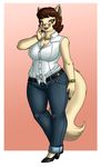  belt breasts brown_hair cat claws cleavage clothed clothing crovirus ear_piercing feline female hair high_heels jeans jewelry karren_o'neal lipstick long_tail mammal milf mother pants parent piercing sleeveless_shirt solo standing whiskers 