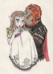  1girl armor blue_eyes brown_hair cape carrying earrings ganondorf gerudo gloves goma_tonbi jewelry long_hair looking_at_viewer open_mouth pointy_ears princess_carry princess_zelda red_eyes red_hair steepled_fingers the_legend_of_zelda the_legend_of_zelda:_twilight_princess tiara 
