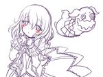  1girl blush creature doll dress elise_lutus elize_lutus frills monochrome open_mouth tales_of_(series) tales_of_xillia teepo_(tales) tippo 