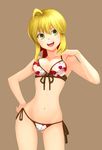  :d ahoge ass_visible_through_thighs bikini blonde_hair breasts brown_background cleavage contrapposto cowboy_shot fate/extra fate_(series) floral_print front-tie_top green_eyes groin hair_ribbon hand_on_hip head_tilt highres looking_away medium_breasts navel nero_claudius_(fate) nero_claudius_(fate)_(all) open_mouth ribbon side-tie_bikini simple_background smile solo standing swimsuit taka_(takahirokun) upper_teeth 