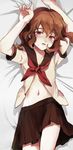  androgynous bad_id bad_pixiv_id brown_hair chuong cowboy_shot crossdressing dakimakura inazuma_eleven_(series) inazuma_eleven_go lying male_focus navel on_back otoko_no_ko red_eyes shindou_takuto skirt solo tears 