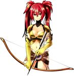  absurdres arrow belt beltskirt bow_(weapon) breasts cleavage elbow_gloves gloves highres long_hair medium_breasts nanaly_fletch navel red_eyes red_hair simple_background smile solo tales_of_(series) tales_of_destiny tales_of_destiny_2 twintails weapon white_background yoshida_hideyuki 