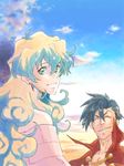  1boy 1girl blue_hair closed_eyes kamina multicolored_hair nia_teppelin ru&amp;pauda_(artist) sky smile symbol-shaped_pupils tegaki tengen_toppa_gurren_lagann two-tone_hair 