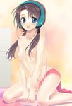  blue_eyes blush breasts brown_hair commentary english_commentary headphones long_hair nipples nude original sitting small_breasts solo sweat towel tsukigami_runa twintails v_arms wariza 