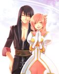  1girl :d ^_^ black_hair celestial_s closed_eyes estellise_sidos_heurassein gloves grin hand_on_another's_head hand_on_hip hands_together highres long_hair open_mouth own_hands_together pink_hair smile tales_of_(series) tales_of_vesperia yuri_lowell 