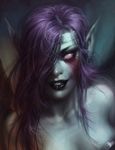  bare_shoulders black_lipstick breasts circlet cleavage hair_over_one_eye katie_de_sousa league_of_legends lipstick long_hair makeup medium_breasts morgana pale_skin pointy_ears purple_eyes purple_hair smile solo upper_body 