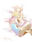  1girl aquarion_(series) aquarion_evol bed blonde_hair closed_eyes dorayan dress gradient_hair headphones hug jin_musou multicolored_hair orange_hair purple_hair short_hair sleeping smile yunoha_thrul 