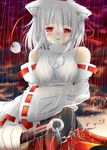  animal_ears bare_shoulders blush breasts detached_sleeves fang hat hino_(kagami) inubashiri_momiji large_breasts rain red_eyes solo sword tears tokin_hat touhou upper_body weapon wet wide_sleeves wolf_ears 