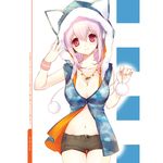  breasts cleavage headphones hood hoodie jewelry large_breasts midriff navel necklace nitroplus pink_eyes pink_hair sample shirahane_nao shorts smile solo super_sonico 