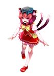  :d absurdres animal_ears bag bow brown_hair cat_ears cat_tail chen fang full_body gradient_hair hat highres jewelry mary_janes multicolored_hair multiple_tails open_mouth red_eyes ryosios shoes short_hair simple_background single_earring smile solo tail touhou white_background white_legwear 