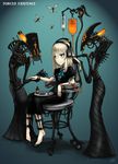  bags_under_eyes barefoot blue_eyes bug chair comb combing dress english gia headphones highres insect intravenous_drip medicine original robot short_hair signature sitting syringe white_hair 