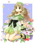  atelier_(series) atelier_ayesha ayesha_altugle bow brown_eyes brown_hair flower green_skirt hat kamoto_tatsuya long_hair platform_footwear skirt smile solo staff wrist_cuffs 