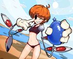  akanbe beach bikini breasts day extra_eyes eye_socket gloves grin mechanical_arms midriff navel one_eye_closed orange_hair outdoors peacock_(skullgirls) red_eyes sharp_teeth short_hair skullgirls sky slugbox small_breasts smile solo standing sun swimsuit tankini teeth tongue tongue_out water_balloon 