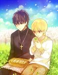  bad_id bad_pixiv_id blonde_hair bracelet brown_eyes brown_hair casual clover cross cross_necklace earrings expressionless fate/zero fate_(series) four-leaf_clover jewelry male_focus multiple_boys necklace picnic red_eyes toriatte v-neck 