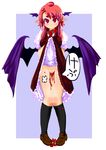  blood collar dress dress_lift eruichi_(redphantom) full_body hair_ornament head_wings koakuma long_hair menstruation no_panties pointy_ears pussy red_eyes red_hair shoes simple_background solo touhou very_long_hair wings 