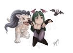  animal_ears bare_shoulders bat big_hair blue_eyes blue_hair blush_stickers boots breasts capcom cat_ears cat_tail chasing chibi cleavage demon_girl elbow_gloves fangs felicia fingerless_gloves gloves green_eyes green_hair hairband head_wings long_hair medium_breasts morrigan_aensland multiple_girls open_mouth pantyhose paws solusemsu succubus tail tongue tongue_out vampire_(game) 