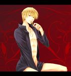  blonde_hair cross fate/zero fate_(series) gilgamesh highres kanade_(reveryearth) letterboxed male_focus naked_shirt open_clothes open_shirt red_background red_eyes shirt solo 