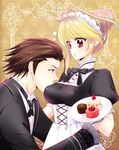  1girl alternate_hairstyle alvin_(tales) alvin_(tales_of_xillia) apron breast_sucking breasts brown_eyes brown_hair food formal maid maid_apron milla_maxwell multicolored_hair plate red_eyes ribbon suit tales_of_(series) tales_of_xillia 