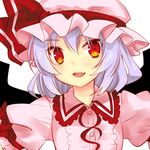  blue_hair face fang hat izumi_minami looking_at_viewer lowres open_mouth red_eyes remilia_scarlet simple_background smile solo touhou tsurime upper_body white_background wings 