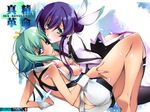  aquarion_(series) aquarion_evol bare_shoulders blue_eyes bow breasts butt_crack cleavage cleavage_cutout green_eyes green_hair hair_bun hair_ornament hair_ribbon looking_at_viewer medium_breasts midriff mikono_suzushiro multiple_girls nagare_hyougo navel nipples purple_hair ribbon short_hair short_shorts shorts skirt thighhighs yuri zessica_wong 