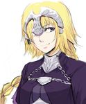  akinao_(yakucha) blonde_hair braid capelet fate/apocrypha fate_(series) headpiece jeanne_d'arc_(fate) jeanne_d'arc_(fate)_(all) long_hair purple_eyes single_braid solo 