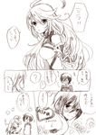  ahoge apron bare_shoulders blush breasts coat comic detached_sleeves food jude_mathis long_hair milla_maxwell monochrome tales_of_(series) tales_of_xillia 