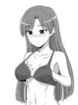  bra breast_conscious flat_chest greyscale highres idolmaster idolmaster_(classic) itou_yuuji kisaragi_chihaya lingerie long_hair monochrome oversized_breast_cup oversized_clothes solo tears underwear 