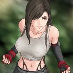  breasts brown_eyes brown_hair covered_nipples elbow_gloves elbow_pads final_fantasy final_fantasy_vii fingerless_gloves gloves large_breasts lips long_hair md5_mismatch shirt solo suspenders tank_top taut_clothes taut_shirt tifa_lockhart uncertaintys upper_body 