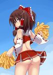  adapted_costume arm_up ass blue_sky bow breasts brown_eyes brown_hair cheerleader comord day detached_sleeves hair_bow hair_tubes hakurei_reimu highres looking_back midriff no_panties open_mouth pom_poms shirt sideboob skirt skirt_set sky small_breasts solo touhou 