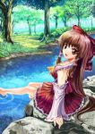  absurdres ascot bad_id bad_pixiv_id barefoot bow brown_eyes brown_hair detached_sleeves forest hair_bow hair_tubes hakurei_reimu highres lita_(keyboard000) looking_back nature open_mouth river shirt sitting skirt skirt_set smile soaking_feet solo touhou 