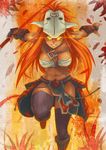  black_legwear breasts defense_of_the_ancients dota_2 exaxuxer genderswap genderswap_(mtf) glowing glowing_eyes juggernaut_(dota) large_breasts long_hair looking_at_viewer navel red_hair solo thighhighs weapon yellow_eyes 